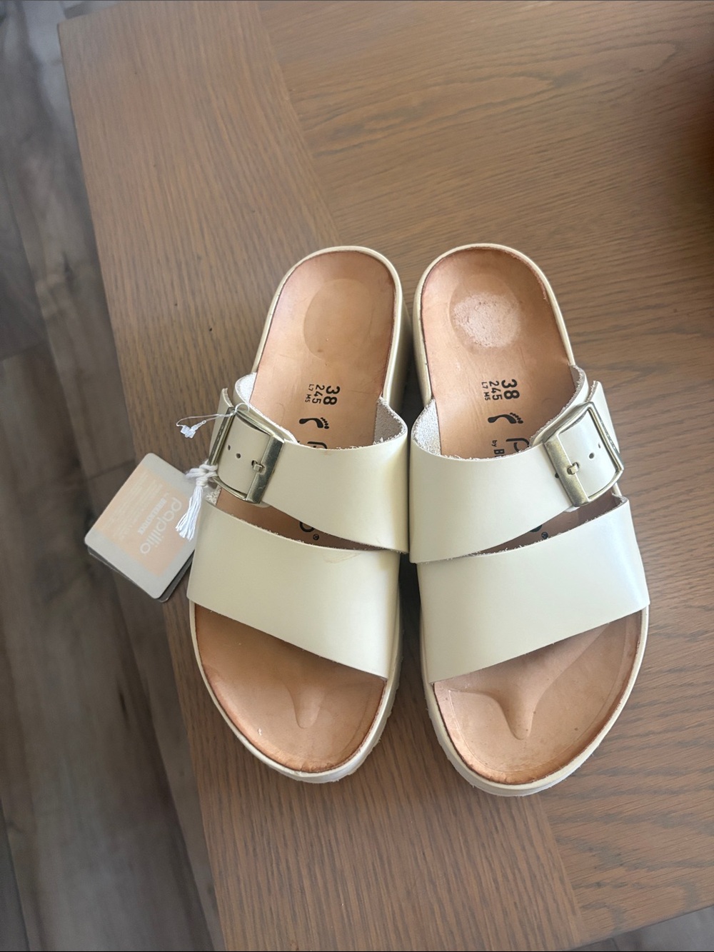 WOMANS PAPILLIO BY BIRKENSTOCK ALMINA OYSTER LEATHER SANDALS — NWT — SIZE 38